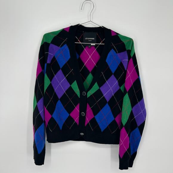 Le Superbe Argyle Gem Cardigan L - Repaired - Picture 1 of 3